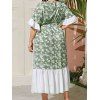 Plus Size Dress Contrast Colorblock Leaf Print Belted High Waisted Half Sleeve A Line Midi Dress - GREEN 2XL