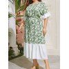 Plus Size Dress Contrast Colorblock Leaf Print Belted High Waisted Half Sleeve A Line Midi Dress - GREEN 3XL