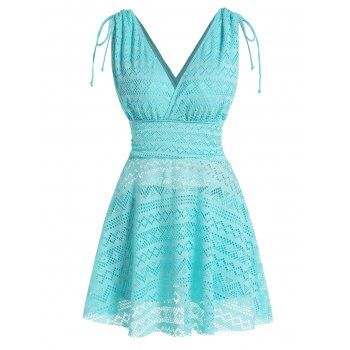 

Modest Tankini Swimsuit Geometric Lace Hollow Out Cinched Shoulder High Waisted Boyshorts Swimwear, Light blue