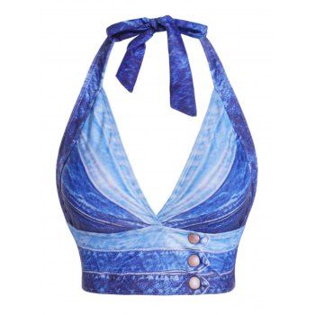 

Faux Denim 3D Print Halter Swim Top Plunging Neck Padded Swim Top, Blue