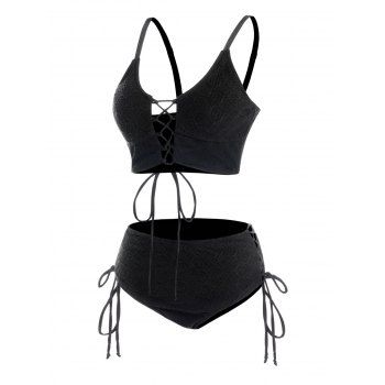 

Tummy Control Tankini Swimsuit Plain Color Textured Lace Up Padded High Waisted Swimwear, Black