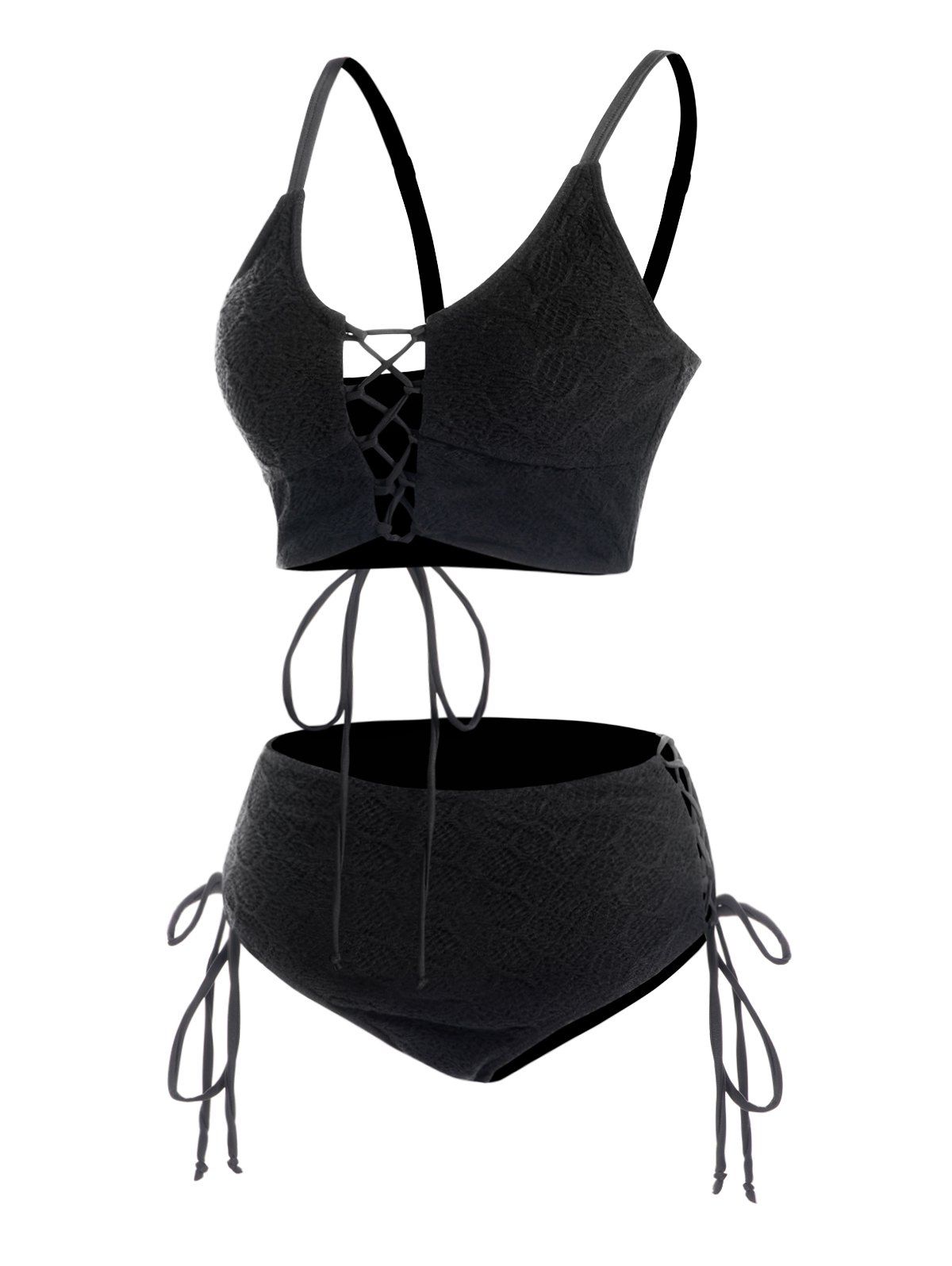 Tummy Control Tankini Swimsuit Plain Color Textured Lace Up Padded High Waisted Swimwear - BLACK S