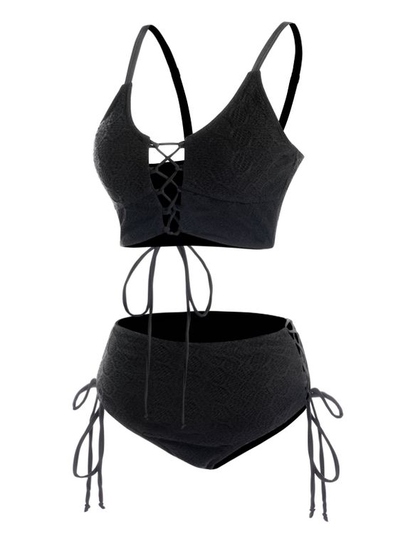 Ensemble de Bikini de Bain Tankini Gainant Texturé Simple en Couleur Unie à Taille Haute à Lacets - Noir S