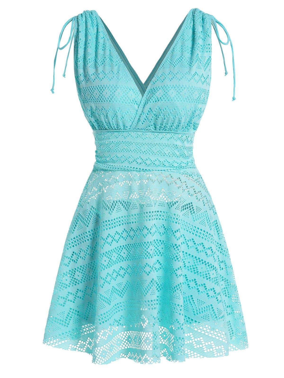 Maillot de Bain Tankini Ajouré Géométrique à Taille Haute à Lacets - Bleu clair S