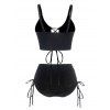 Tummy Control Tankini Swimsuit Plain Color Textured Lace Up Padded High Waisted Swimwear - BLACK S