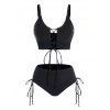 Tummy Control Tankini Swimsuit Plain Color Textured Lace Up Padded High Waisted Swimwear - BLACK S