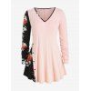 Mock Button Floral Panel Plus Size Long Sleeve Top - PINK 1X