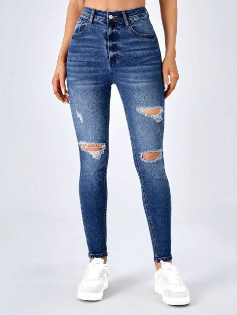 Ripped Jeans Zipper Fly Dark Wash Distressed High Waisted Pockets Skinny Denim Pants