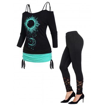 

Celestial Sun Moon Print Colorblock Cold Shoulder Top And Sheer Flower Lace Panel Bandage Skinny Leggings Outfit, Black