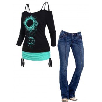 

Celestial Sun Moon Print Colorblock Cold Shoulder Long Sleeve Top And Topstitching Pockets Zipper Fly Flare Jeans Outfit, Multicolor
