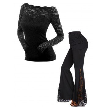 

Sheer Flower Lace Off The Shoulder Long Sleeve Top And Long Skirted Flare Pants Outfit, Black