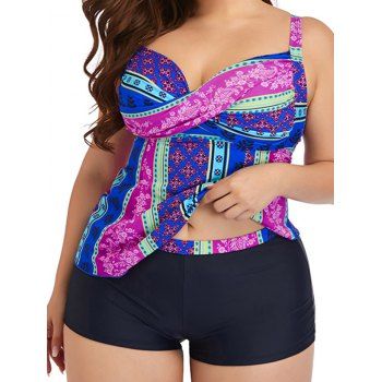 

Plus Size Tribal Floral Leaf Print Tankini Swimsuit Crossover Adjustable Strap Cut Out Modest Swimwear Boyleg Bathing Suit, Multicolor