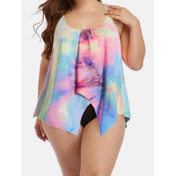 

Plus Size Pastel Color Tie Dye Print Asymmetric Tankini Swimsuit Adjustable Strap Padded Tankini Swimwear High Waist Bathing Suit, Multicolor