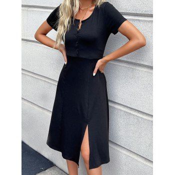 

Solid Color Half Button Short Sleeve Dress Side Slit High Waist Dress, Black