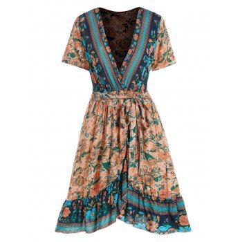 

Cottagecore Style Dress Allover Flower Print Surplice High Waisted Belted A Line Mini Dress, Multicolor a