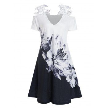 

Cold Shoulder Dress Flower Ink Painting Guipure Floral Lace V Neck A Line Midi Dress, Multicolor a