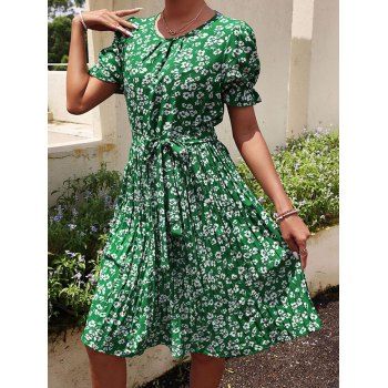 

Allover Floral Print Cottagecore Dress Short Sleeve Belted Pleated Dress, Green