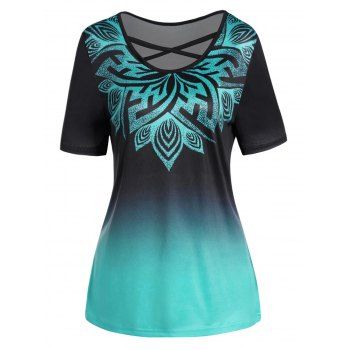 

Flower Print T Shirt Crisscross Short Sleeve Round Neck Ombre Tee, Multicolor a