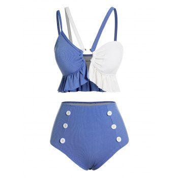 

Two Tone Bikini Swimsuit Padded Flounce Bikini Two Piece Swimwear Mock Button High Waist Bathing Suit, Blue