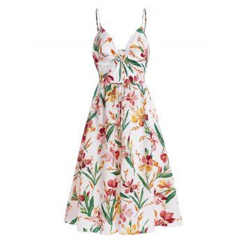 

Allover Flower Leaf Print Cami Dress Twisted High Waisted Belted Sleeveless A Line Midi Dress, Multicolor