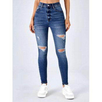 

Ripped Jeans Zipper Fly Dark Wash Distressed High Waisted Pockets Skinny Denim Pants, Blue