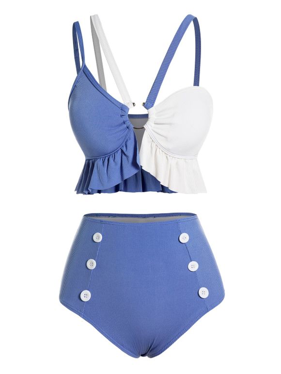 Two Tone Bikini Swimsuit Padded Flounce Bikini Two Piece Swimwear Mock Button High Waist Bathing Suit - BLUE S