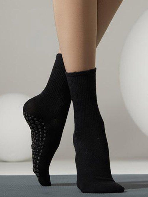 2 Paires Chaussettes de Yoga de Sport Mi-Mollet Antidérapantes en Coton - Noir 