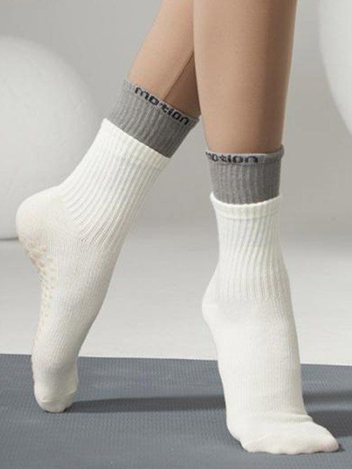Chaussettes de Yoga Anti-Dérapantes Lettre en Blocs de Couleurs en Coton - Blanc 