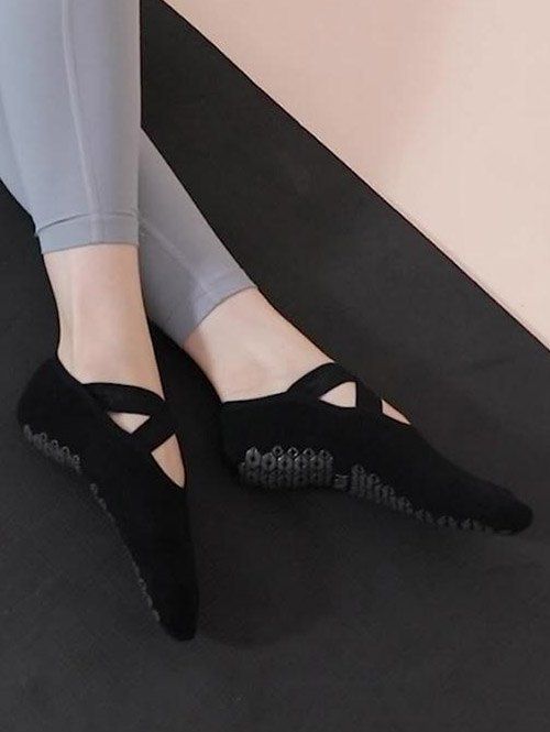 2 Paires Chaussettes de Yoga Anti-Dérapantes Croisées en Coton - Noir 