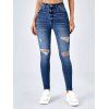 Pantalon Moulant Déchiré Au Lavage Foncé Zippé à Taille Haute avec Poches en Denim - Bleu M