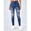 Pantalon Moulant Déchiré Au Lavage Foncé Zippé à Taille Haute avec Poches en Denim - Bleu M