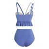 Two Tone Bikini Swimsuit Padded Flounce Bikini Two Piece Swimwear Mock Button High Waist Bathing Suit - BLUE S