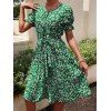 Allover Floral Print Cottagecore Dress Short Sleeve Belted Pleated Dress - GREEN L