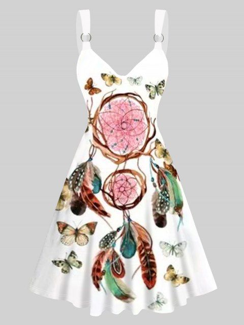 Feather Dreamcatcher Butterfly Print A Line Dress O Ring Straps V Neck Sleeveless Dress