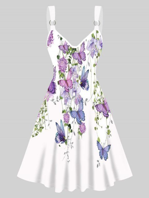 Butterfly Flower Leaf Print Cottagecore Dress Sleeveless O Ring Strap V Neck A Line Dress