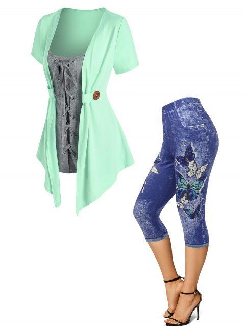 Lace Up Asymmetrical Hem Short Sleeves Faux Two Piece Top And Skinny 3D Denim Butterflies Print Capri Jeggings Outfit