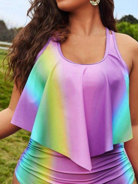 Plus Size Tankini Swimsuit Colored Ombre Flounce Swimwear Padded Tummy Control Bathing Suit