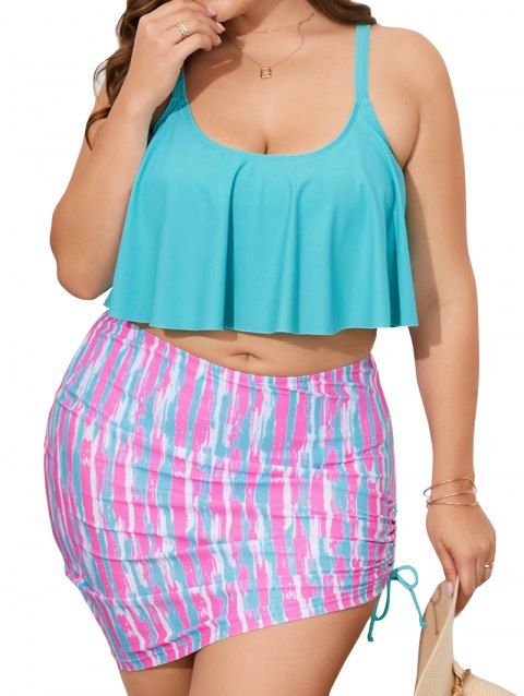 Plus Size Tankini Swimsuit Tummy Control Colored Striped Cinched Skirt Three Piece Swimwear