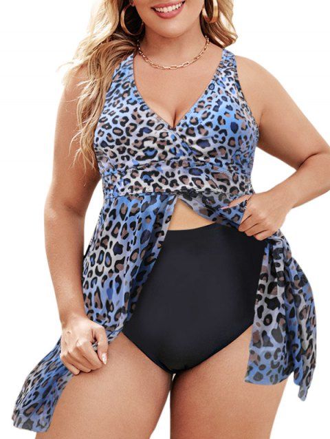 Plus Size Tankini Swimsuit Ombre Leopard Print Mesh Surplice Swimwear Slit Tummy Control Bathing Suit