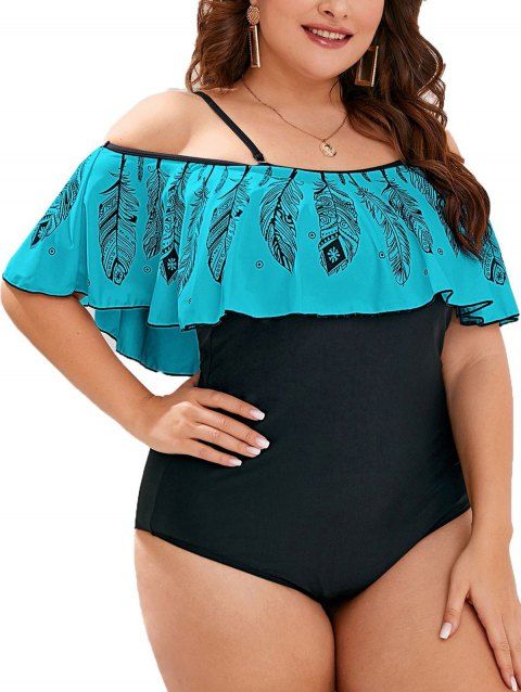 Plus Size One-piece Swimsuit Colorblock Feather Print Flounce Cold Shoulder One-piece Swimwear