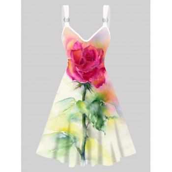 Robes Décontractées Robe Ligne A Rose Peinture à L'Aquarelle Anneau en O sans Manches à Col V