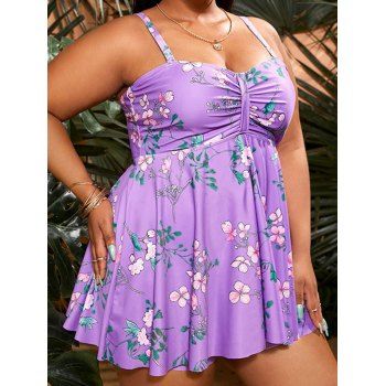 

Plus Size Tankini Swimsuit Flower Leaf Print Ruched Tummy Control Swimwear Padded Modest Bathing Suit, Jasmine purple