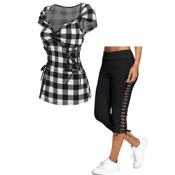 

Checkerboard Lace Up Short Sleeve Tee And Lace-up Capri Leggings Outfit, Black