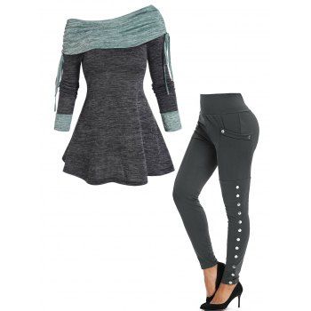 

Colorblock Cinched Foldover Long Sleeve Heathered Top And High Rise Pocket Snap Button Leggings Fall Outfit, Gray