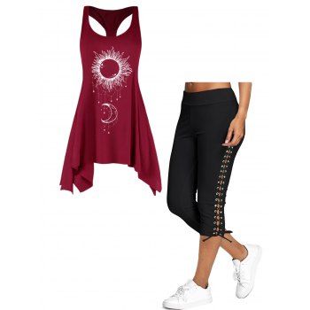 

Celestial Sun Moon Print Long Asymmetric Tank Top And Lace Up Skinny Capri Leggings Outfit, Multicolor