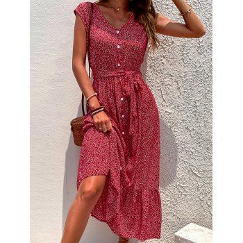 

Tiny Floral Print Midi Dress Cap Sleeve Mock Button Belted Flounce High Waist Cottagecore Dress, Red