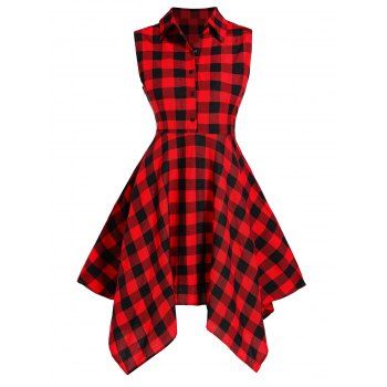 

Plaid Print Dress Turn Down Collar Half Button High Waisted Sleeveless A Line Asymmetrical Mini Dress, Multicolor a
