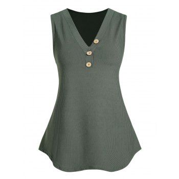 

Textured Tank Top Plain Color Mock Button V Neck Casual Tank Top, Deep green