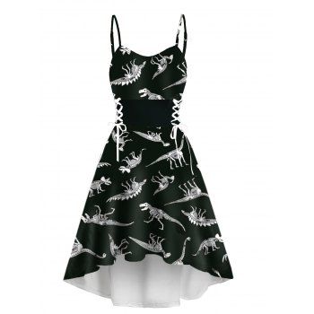 

Allover Dinosaur Skeleton Print High Low Dress Adjustable Straps Lace Up A Line Dress, Black