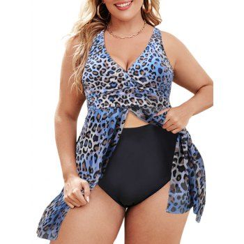 

Plus Size Tankini Swimsuit Ombre Leopard Print Mesh Surplice Swimwear Slit Tummy Control Bathing Suit, Multicolor a